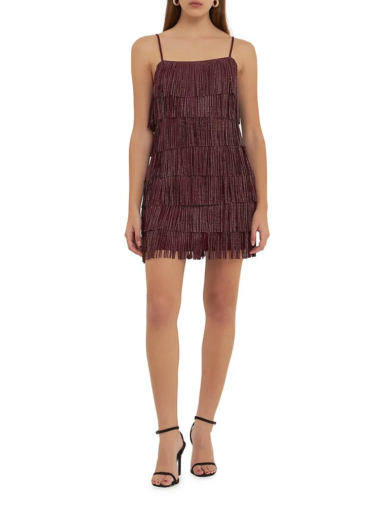 Embellished Suede Fringe Mini Dress