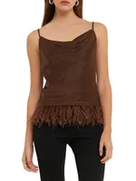 Satin Cowl Neck Top with Feather
