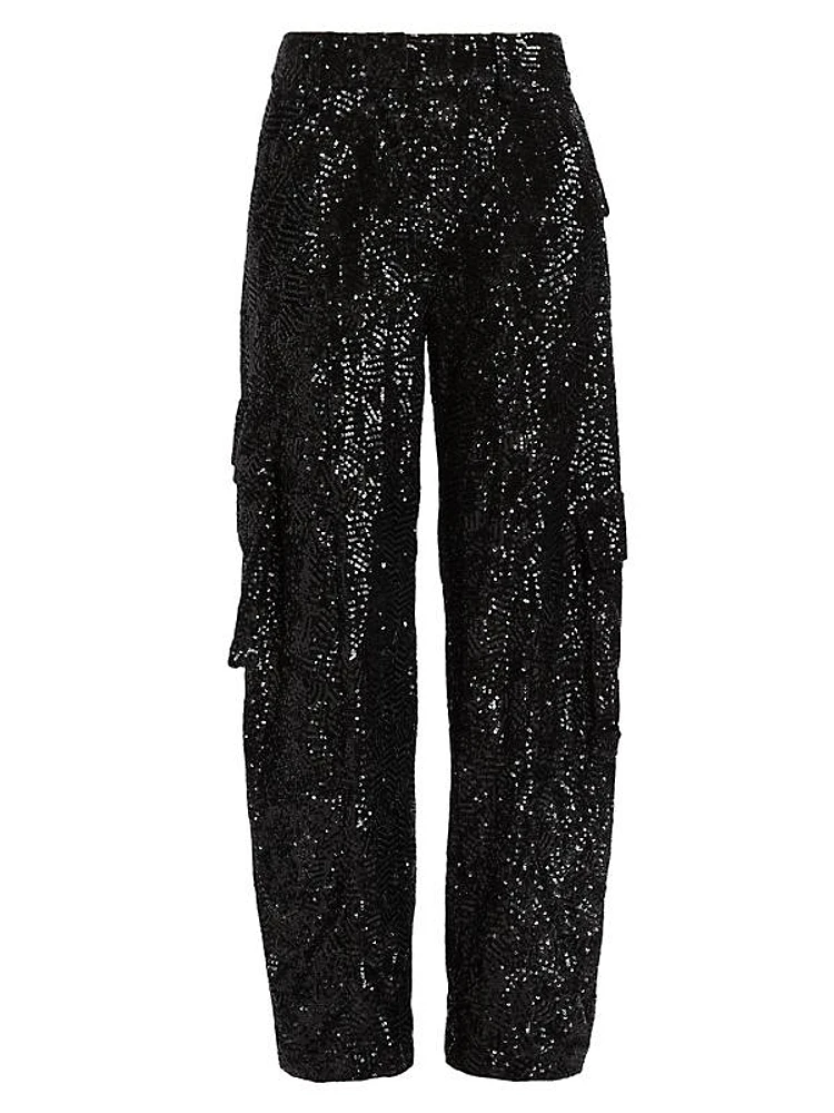 Sequined Straight-Leg Cargo Pants