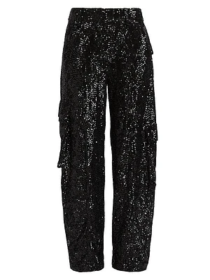 Sequined Straight-Leg Cargo Pants