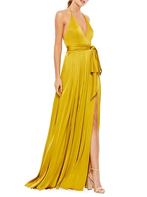 Ieena Pleated Satin Tie-Waist Gown