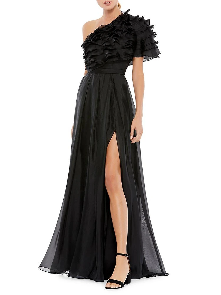 Ieena Asymmetric Ruffled Chiffon Gown