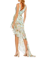 Asymmetrical Ruffled Floral Chiffon High-Low Dress