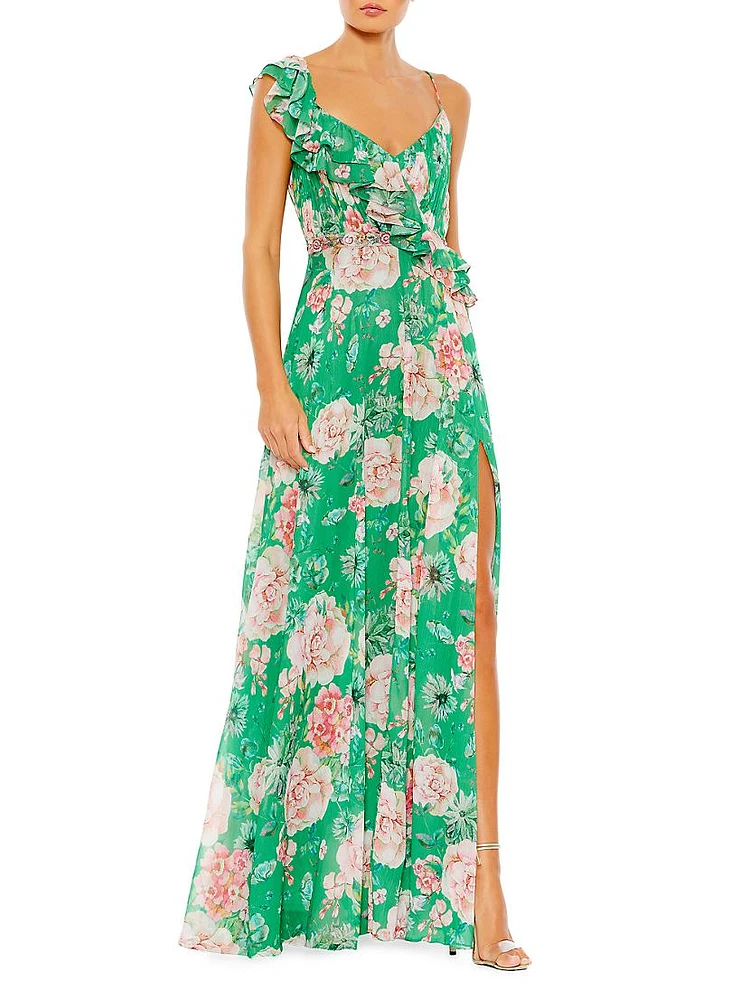 Floral Ruffled Crepe Gown