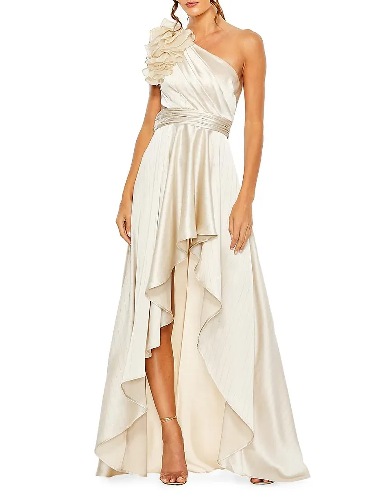 Asymmetric Ruffled Satin High-Low Gown