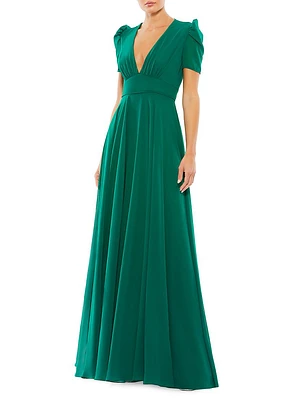 Puffed-Sleeve A-Line Gown