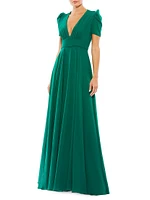 Puffed-Sleeve A-Line Gown