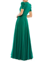 Puffed-Sleeve A-Line Gown