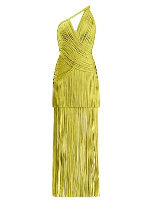 Draped Fringe One-Shoulder Gown