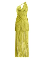 Draped Fringe One-Shoulder Gown