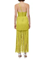 Draped Fringe One-Shoulder Gown