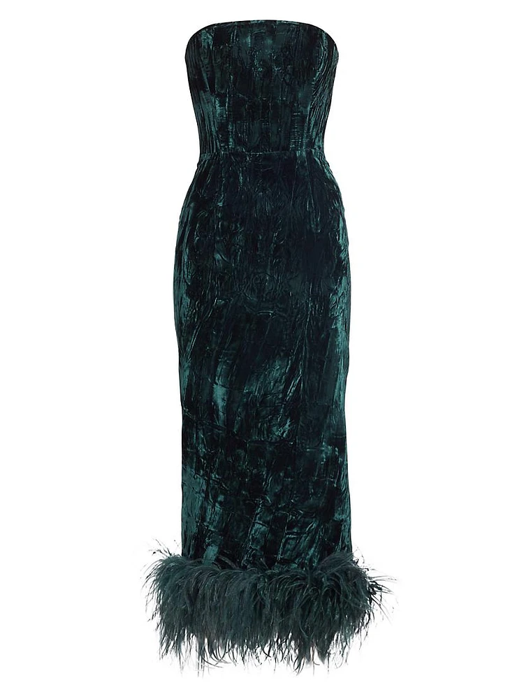 Minelli Velvet Feather-Hem Midi-Dress