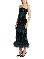 Minelli Velvet Feather-Hem Midi-Dress