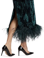 Minelli Velvet Feather-Hem Midi-Dress