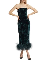 Minelli Velvet Feather-Hem Midi-Dress