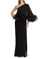 Alder Crepe Feather-Cuff Cape Gown