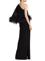 Alder Crepe Feather-Cuff Cape Gown