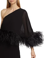 Alder Crepe Feather-Cuff Cape Gown