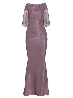 Stardust Metallic Cape-Sleeve Gown