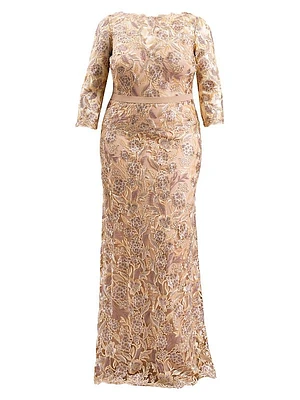 Plus Three-Quarter-Sleeved Embroidered Lace Gown