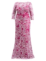 Plus Three-Quarter-Sleeved Embroidered Lace Gown