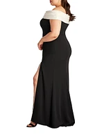 Plus Crepe Contrast Off-The-Shoulder Gown