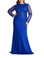 Plus Asymmetric Lace Long-Sleeve Gown