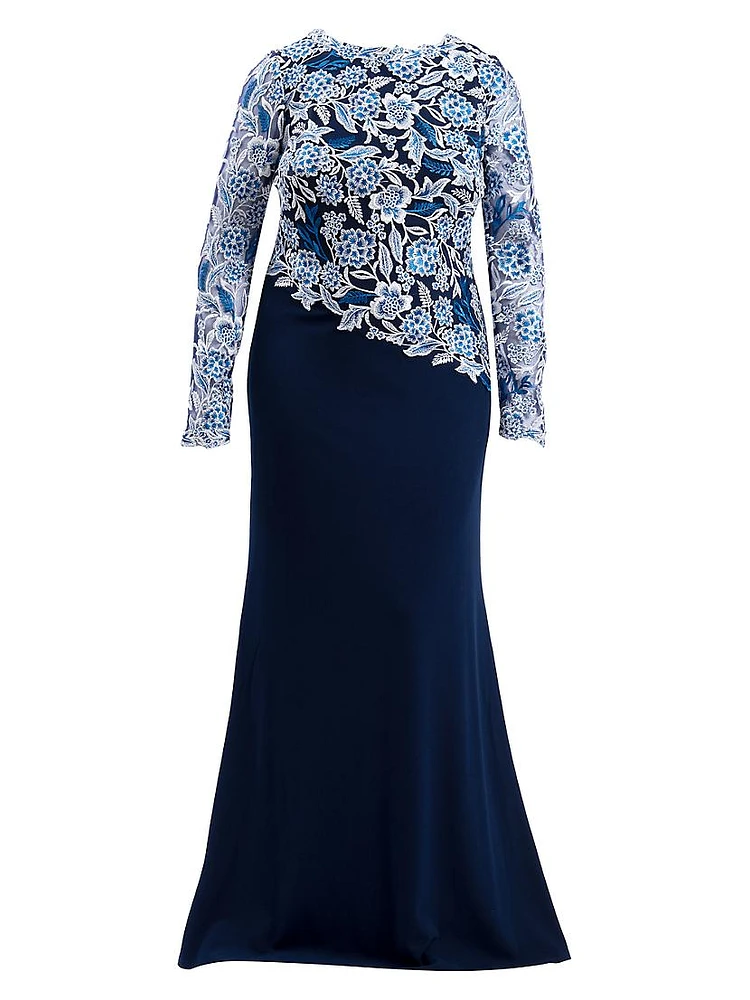 Plus Embroidered Lace & Crepe Asymmetric Gown