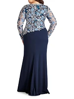 Plus Embroidered Lace & Crepe Asymmetric Gown