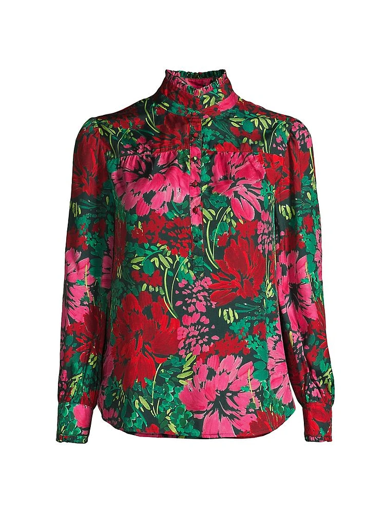 Floral Silk Ruffle-Collar Blouse