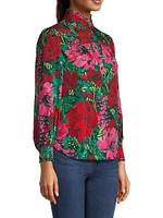 Floral Silk Ruffle-Collar Blouse