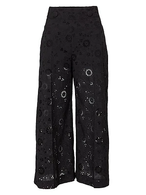 Floral Eyelet Wide-Leg Pants