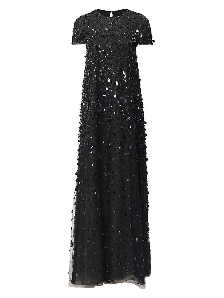 Sequined Short-Sleeve A-line Gown