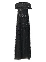Sequined Short-Sleeve A-line Gown