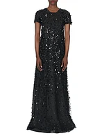 Sequined Short-Sleeve A-line Gown