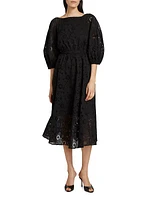 Eyelet Cotton Puff-Sleeve Midi-Dress