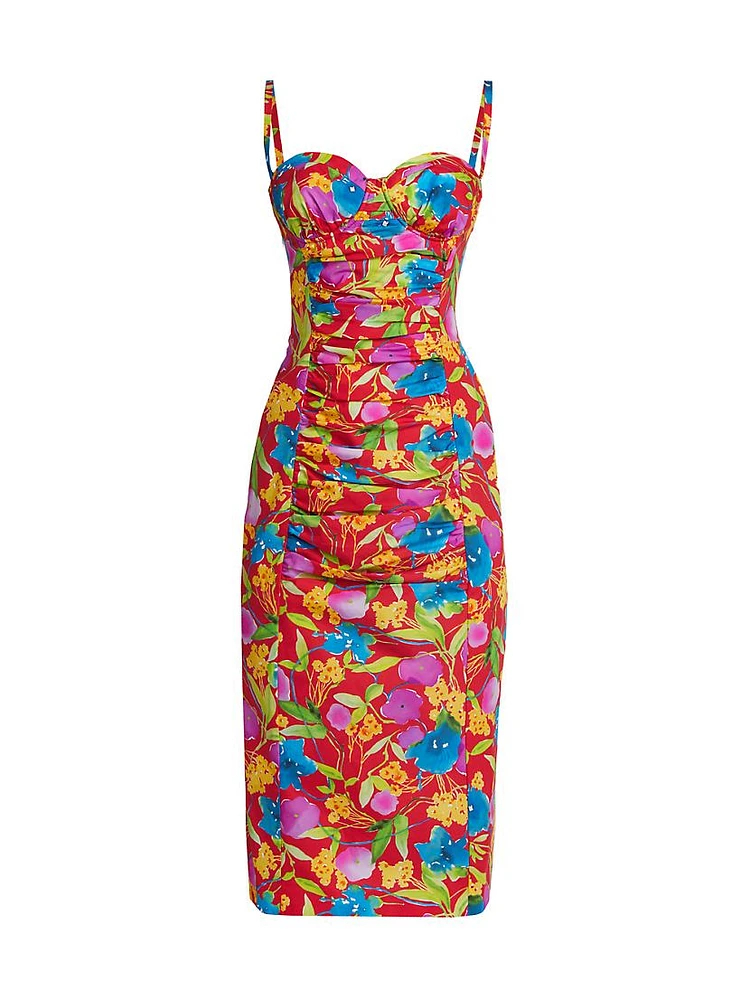 Ruched Floral Bustier Midi-Dress