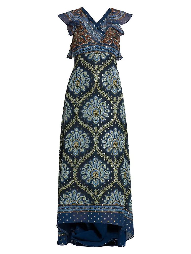 Geometric Lotus Clip-Dot Silk-Blend Maxi Dress