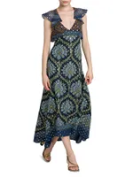 Geometric Lotus Clip-Dot Silk-Blend Maxi Dress