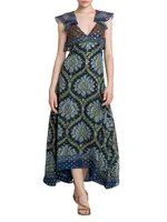 Geometric Lotus Clip-Dot Silk-Blend Maxi Dress