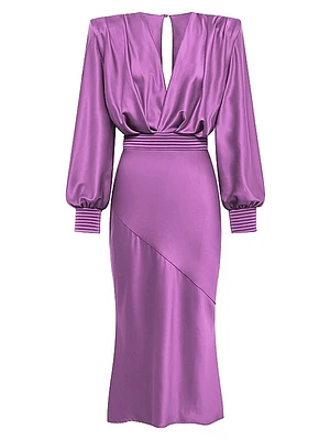 Betsy Satin Balloon-Sleeve Midi-Dress