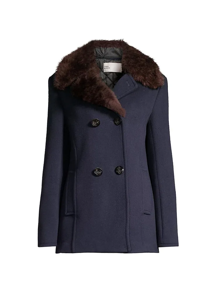 Faux Fur-Trim Wool Peacoat