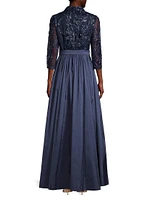 Sequin Tulle Belted Gown