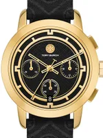 Tory Goldtone, Monogram Jacquard & Leather Chronograph Watch