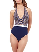 Geometric V-Neck One-Piece Swimsuit