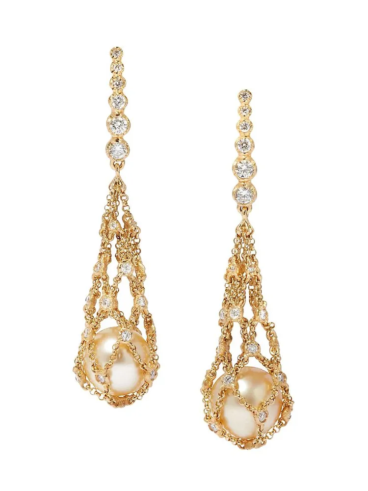 Hidden Reef Lattice 18K Yellow Gold, South Sea Pearl & 1.07 TCW Diamond Drop Earrings