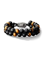 Spiritual Beads Two Row Woven Bracelet in Black Onyx, Tiger's Eye, Black Nylon and Sterling Silver, 8MM