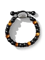 Spiritual Beads Two Row Woven Bracelet in Black Onyx, Tiger's Eye, Black Nylon and Sterling Silver, 8MM