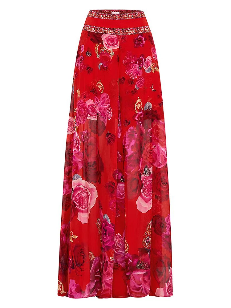 Floral Silk Wide-Leg Pants