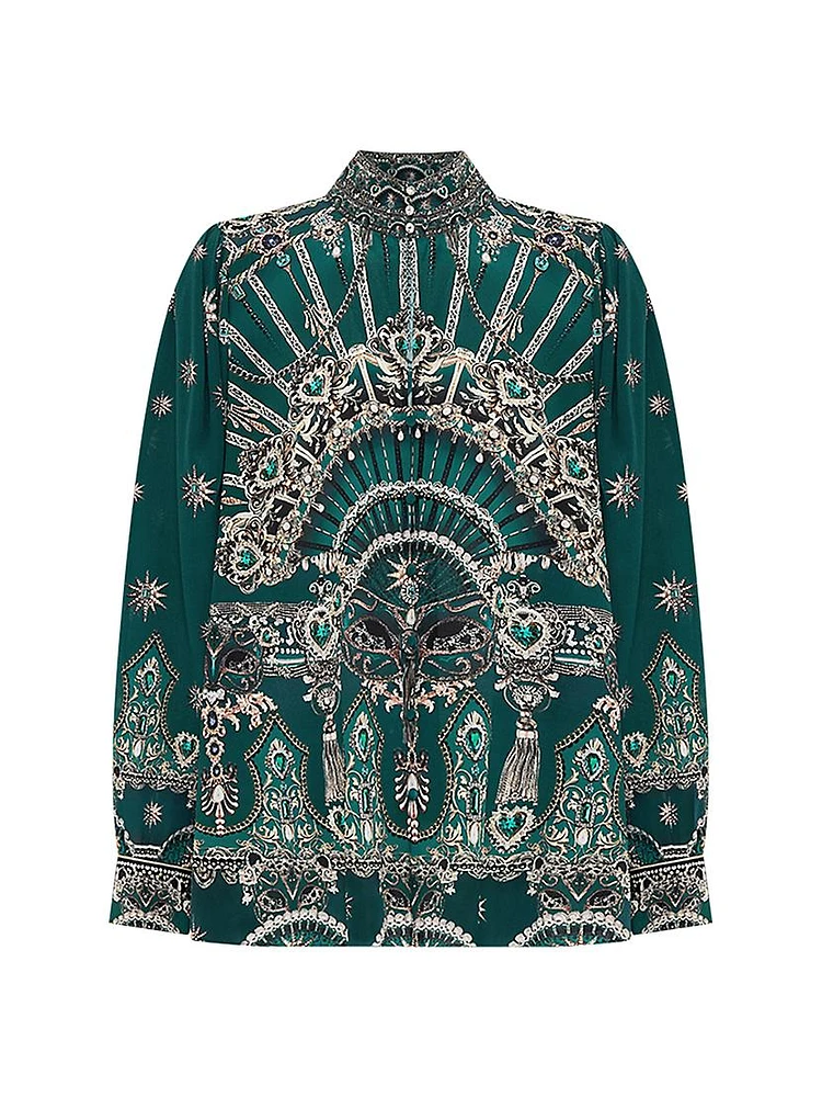 Chain-Print Silk Long-Sleeve Blouse